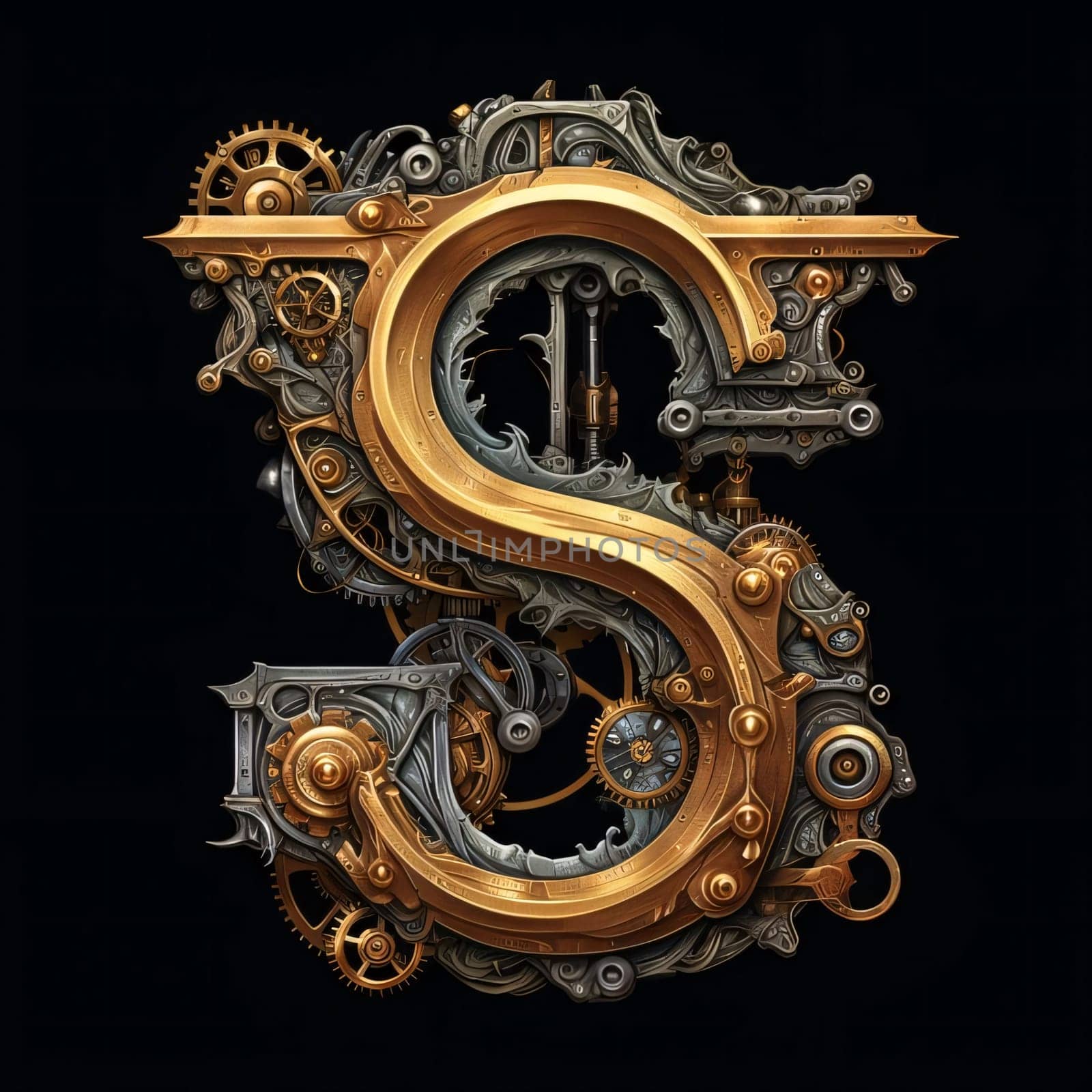 Graphic alphabet letters: Mechanical alphabet made from gears and cogwheels. Letter S