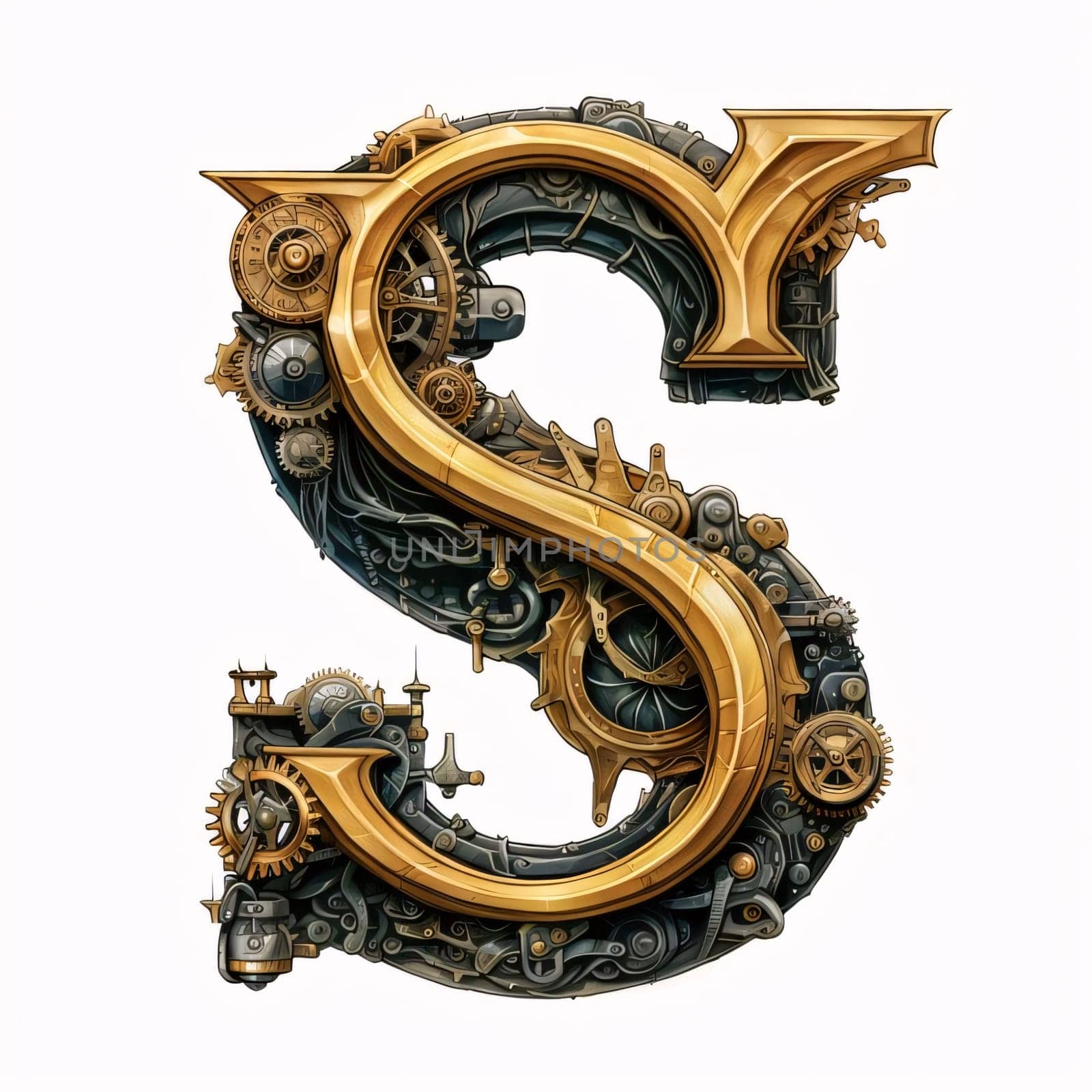 Mechanical alphabet made from gears. Letter S. 3D render by ThemesS