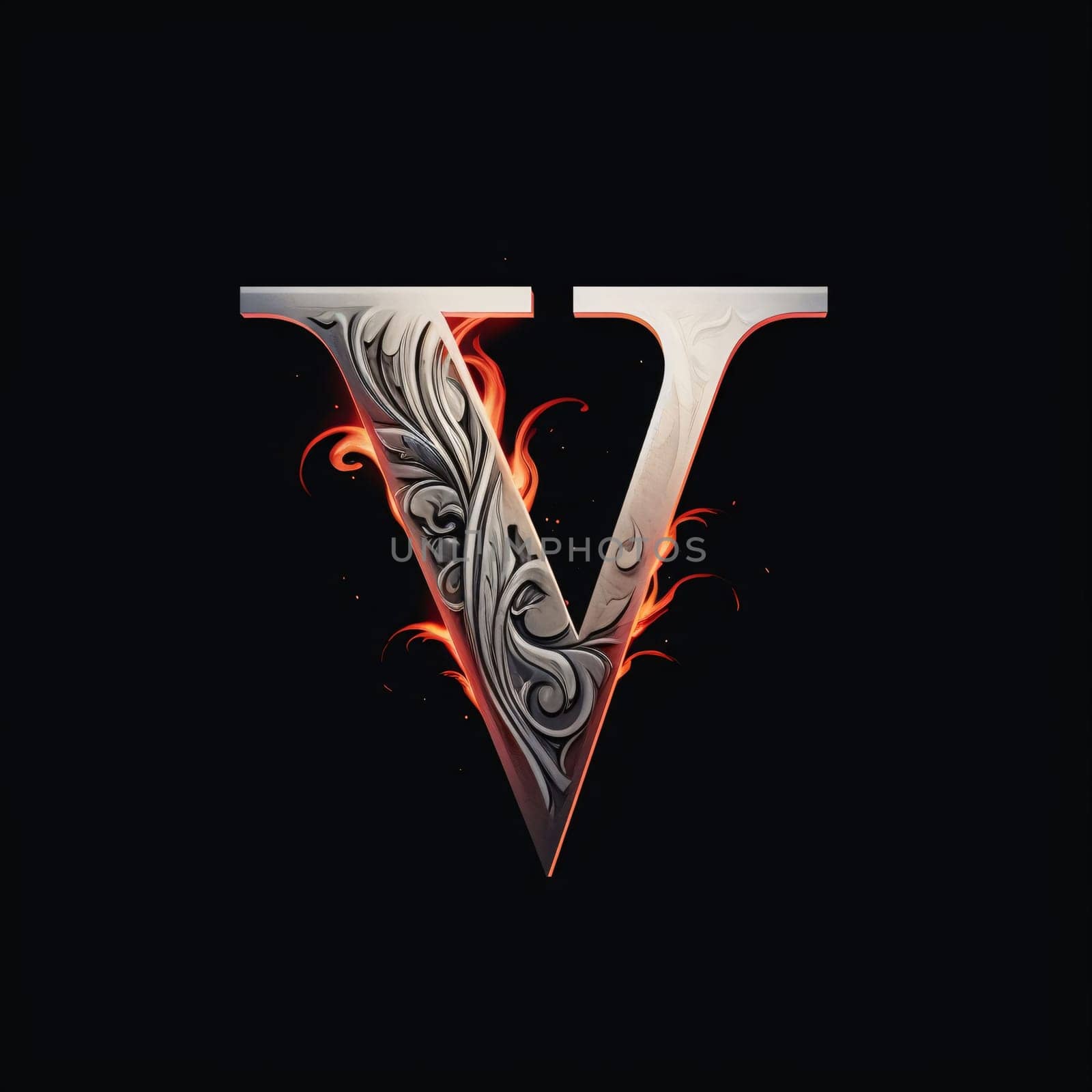 Flaming metal letter V on black background. Vector illustration. by ThemesS