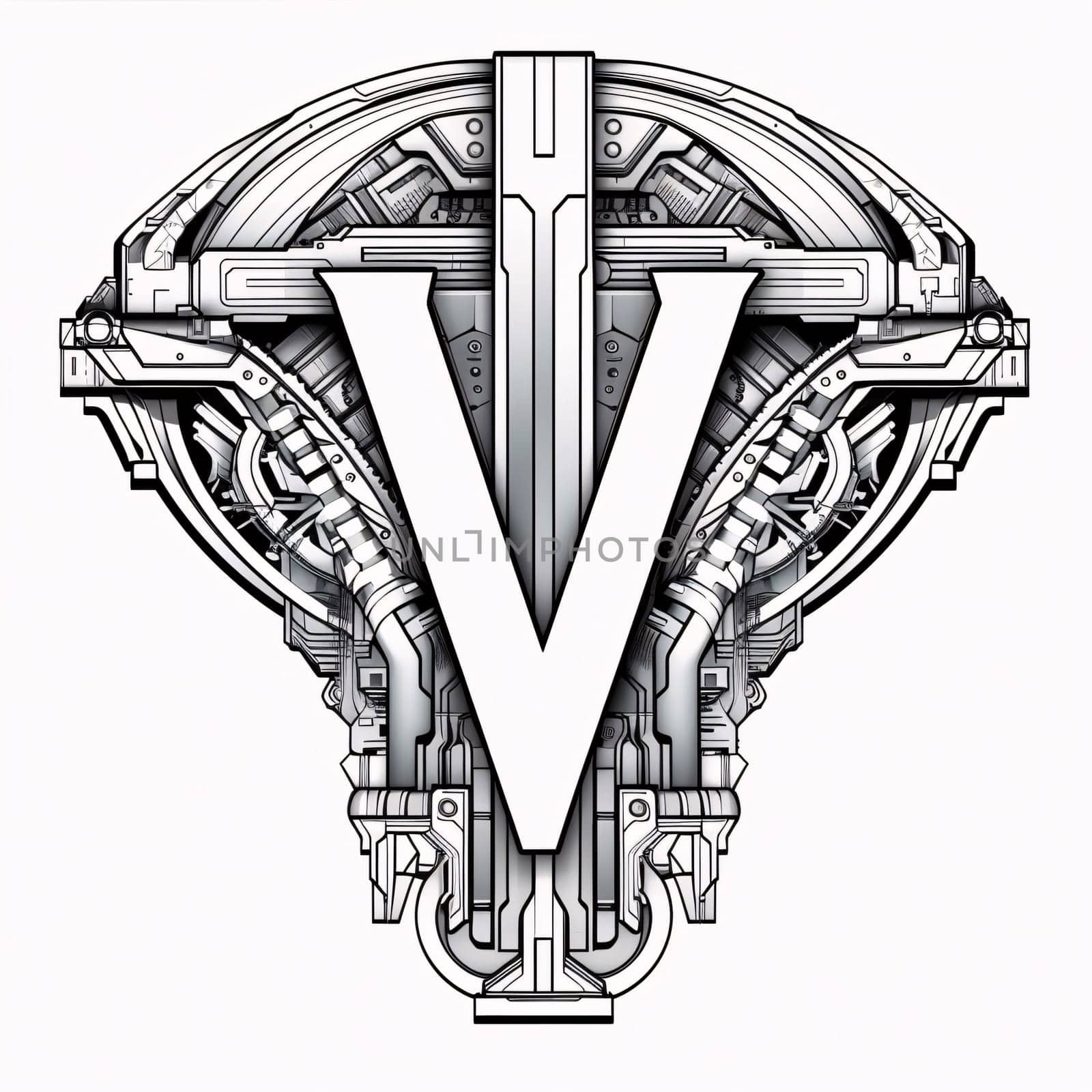 Graphic alphabet letters: Letter V in the form of a mechanical head. Vector illustration.