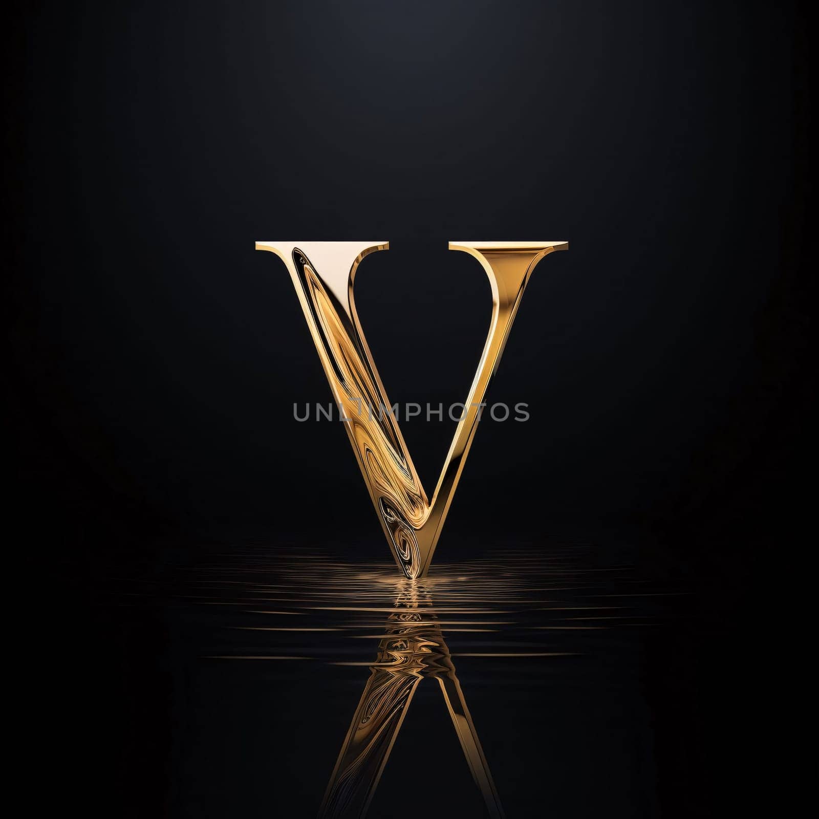 Graphic alphabet letters: elegant and classic gold letter V isolated on black with reflection