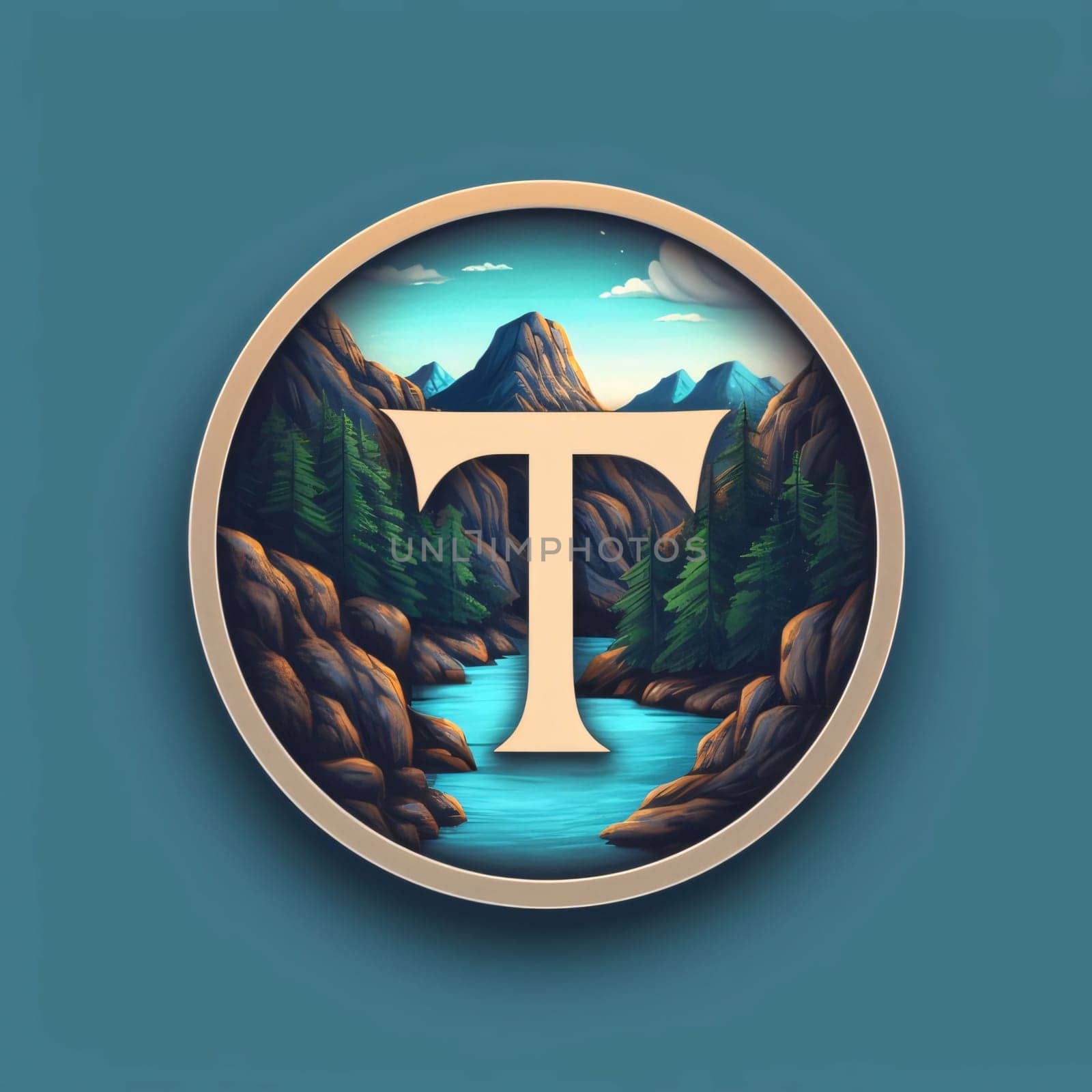 Graphic alphabet letters: letter T in the circle with mountains and river, vector illustration.