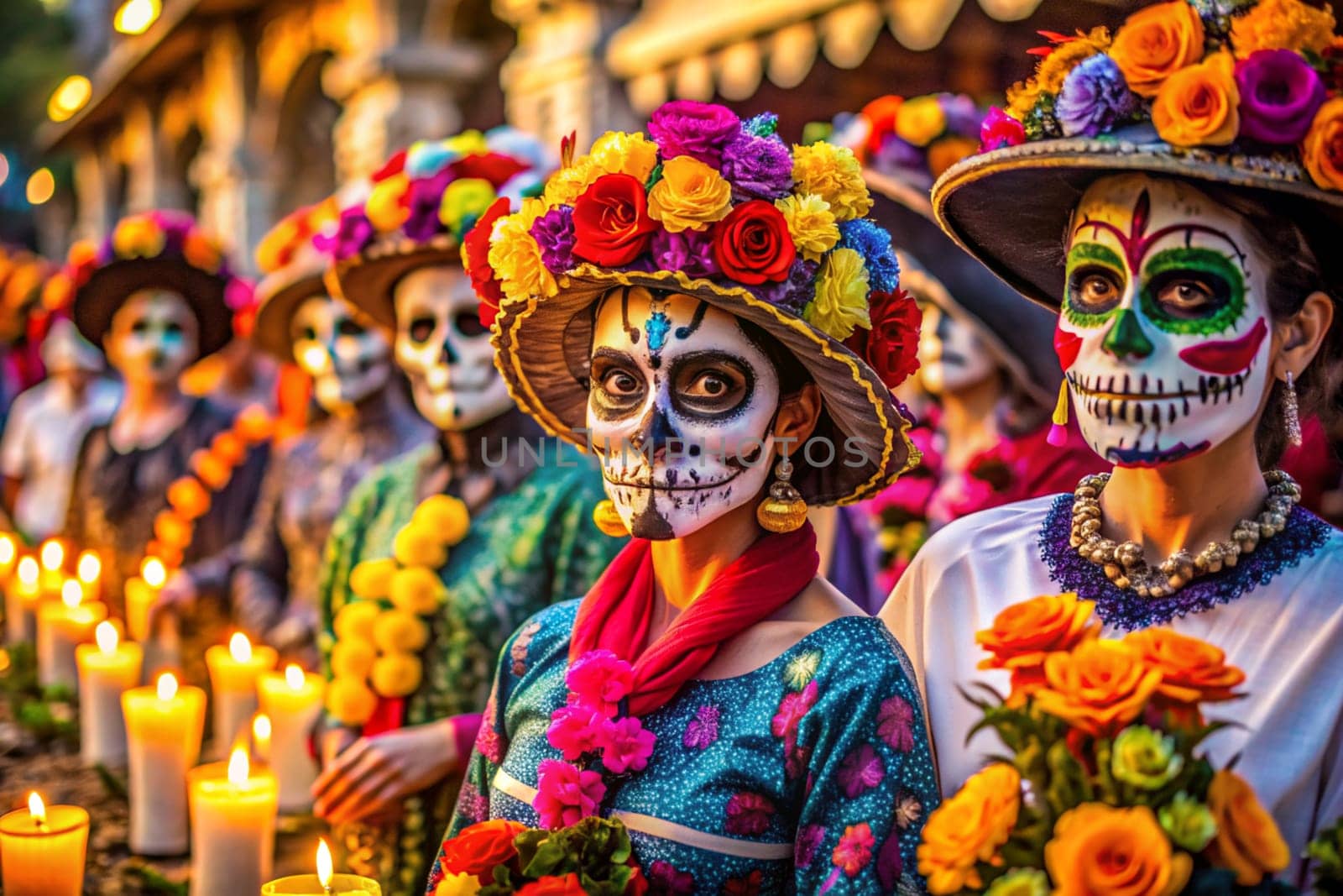 Dead day party, sugar skull or halloween holiday. Traditional mexican festival Dia De Los Muertos. Ai generated by alenamoore