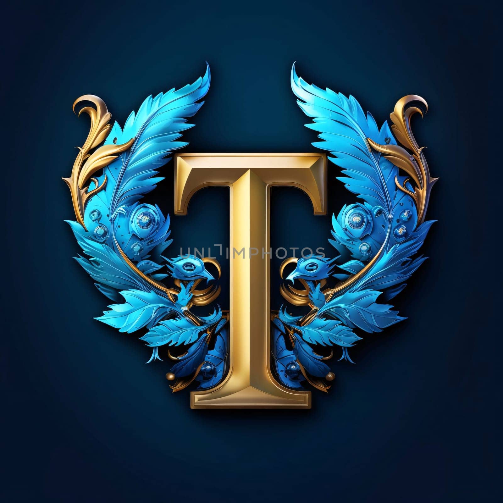Graphic alphabet letters: ornate letter T with golden laurel wreath on blue background