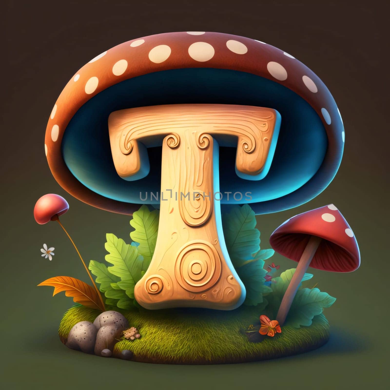 Graphic alphabet letters: Fantasy mushroom in the forest. 3d render, 3d illustration
