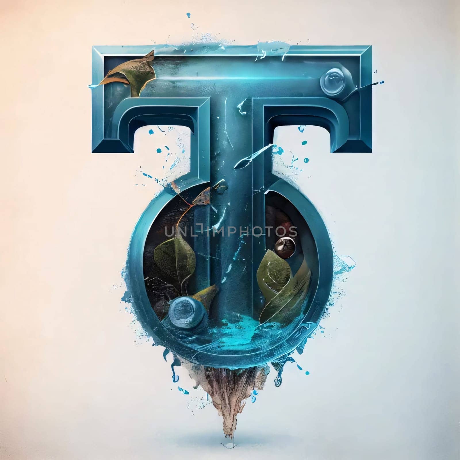 Letter T with leaves and water drops. 3D illustration. Vintage style. by ThemesS