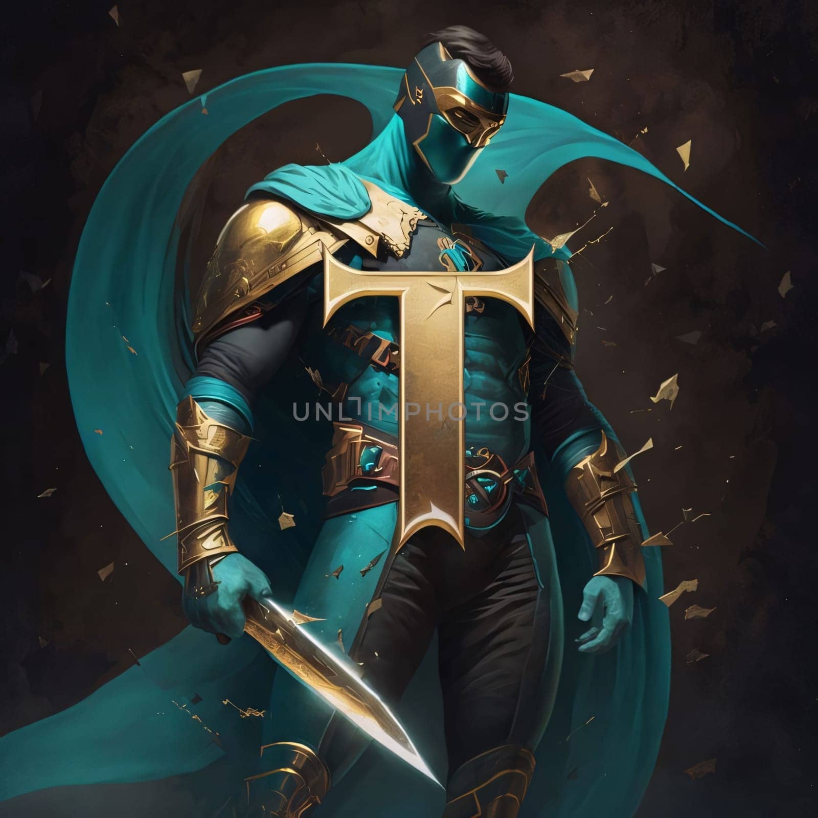 Knight in armor with sword and shield on dark background. Fantasy illustration letter T by ThemesS