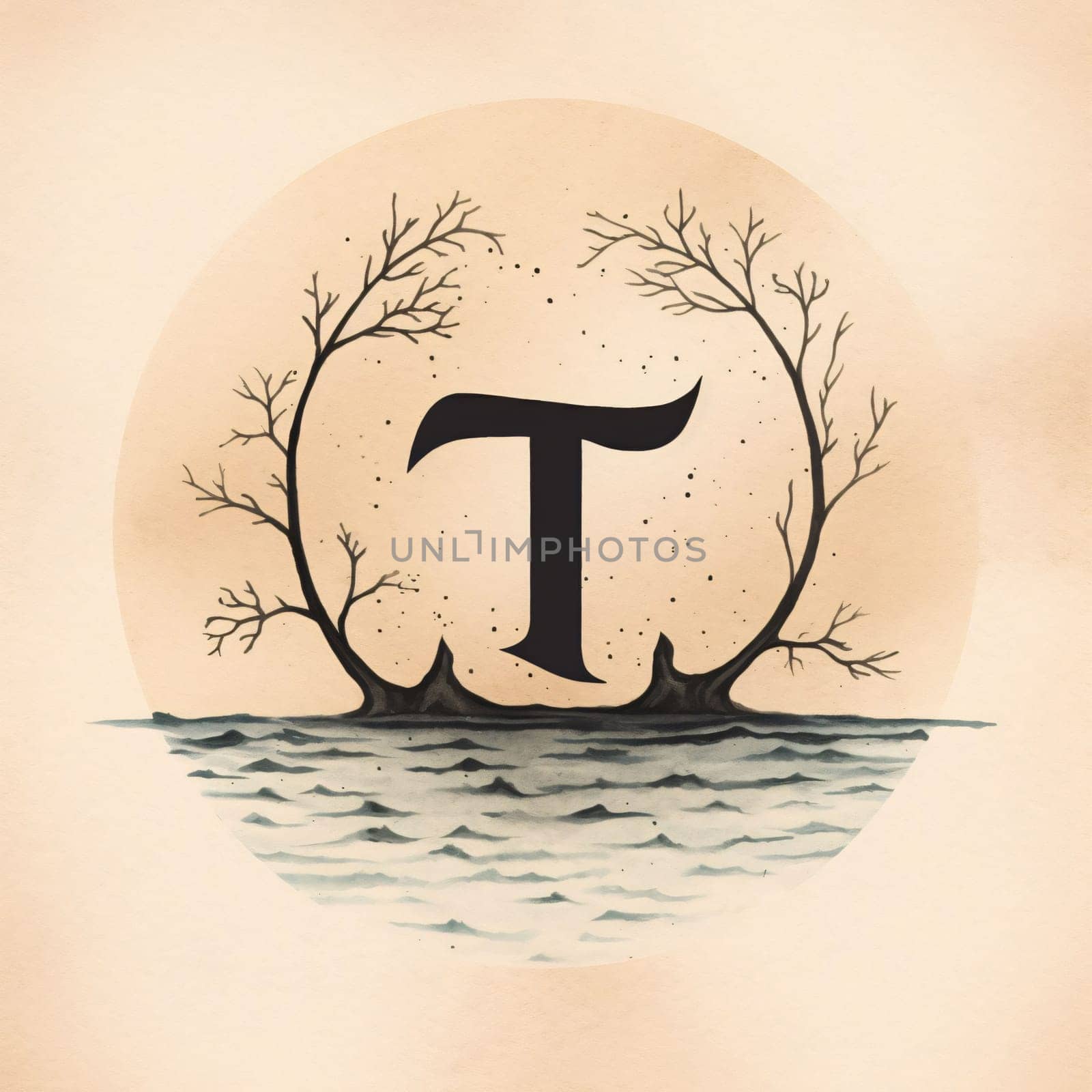 Graphic alphabet letters: Letter T in a circle with trees and lake. Vector illustration.