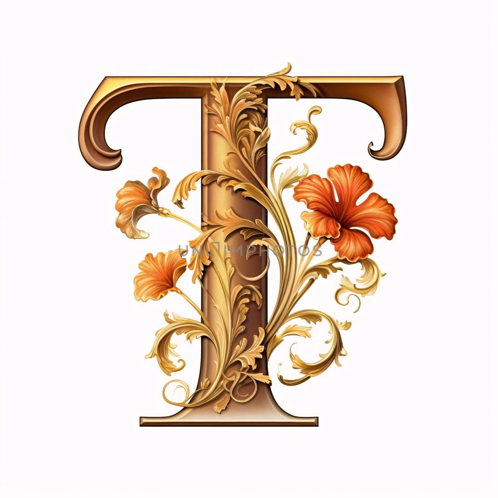 Graphic alphabet letters: Vintage letter T with floral ornament. Vector illustration for your design