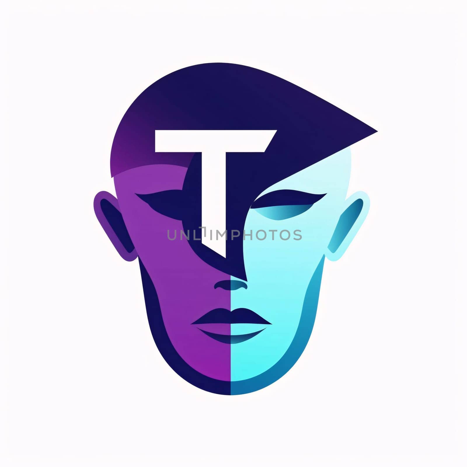 Graphic alphabet letters: Letter T logo in the form of a human head with a stylized face.