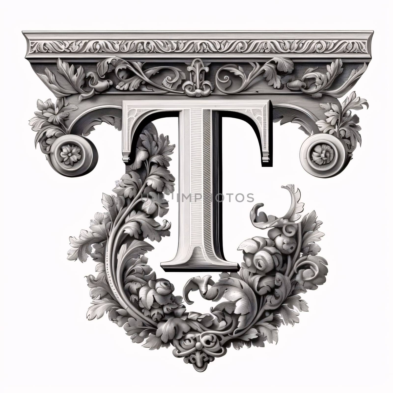 Graphic alphabet letters: Luxury capital letter T in the Baroque style.