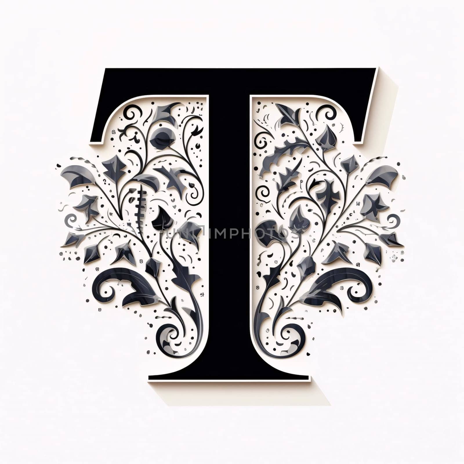 Graphic alphabet letters: Letter T with floral ornament on white background. 3D illustration.