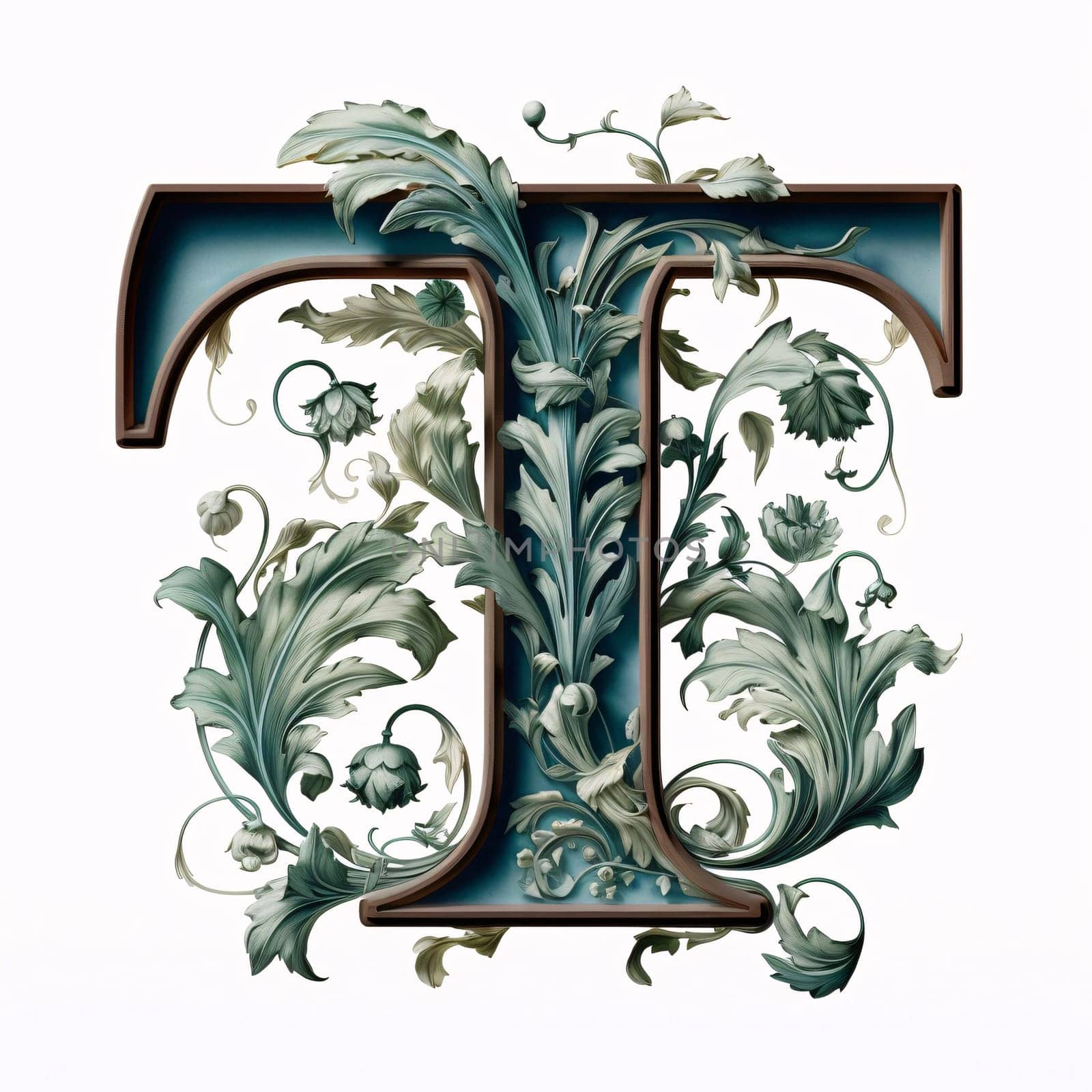 Luxury capital letter T with floral ornament. 3D rendering by ThemesS