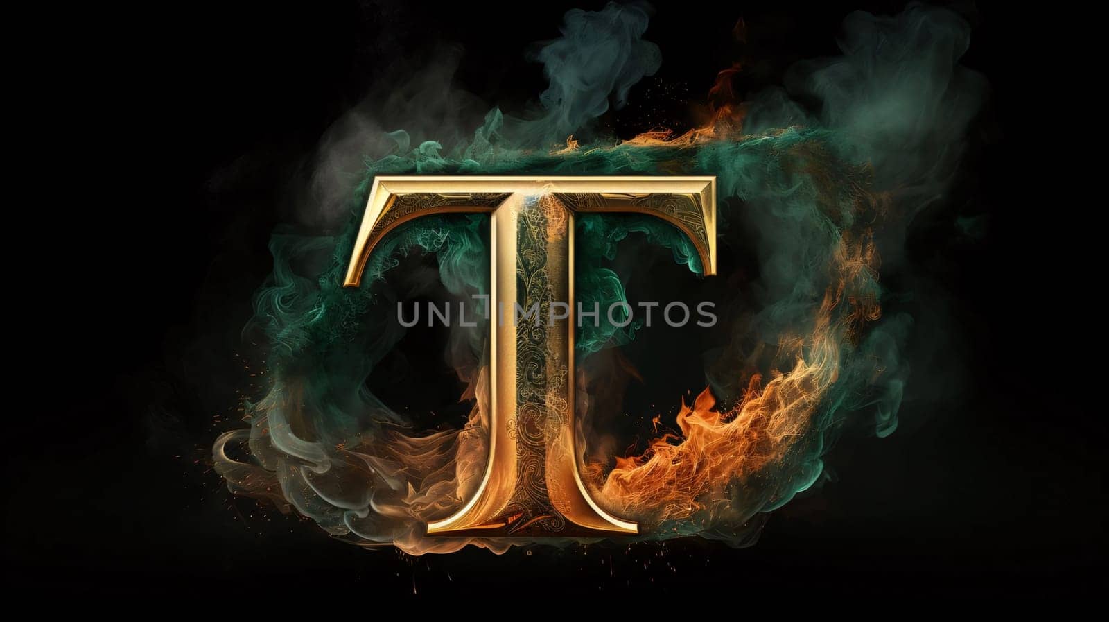 Graphic alphabet letters: Letter T of the alphabet made of fire and smoke isolated on black background