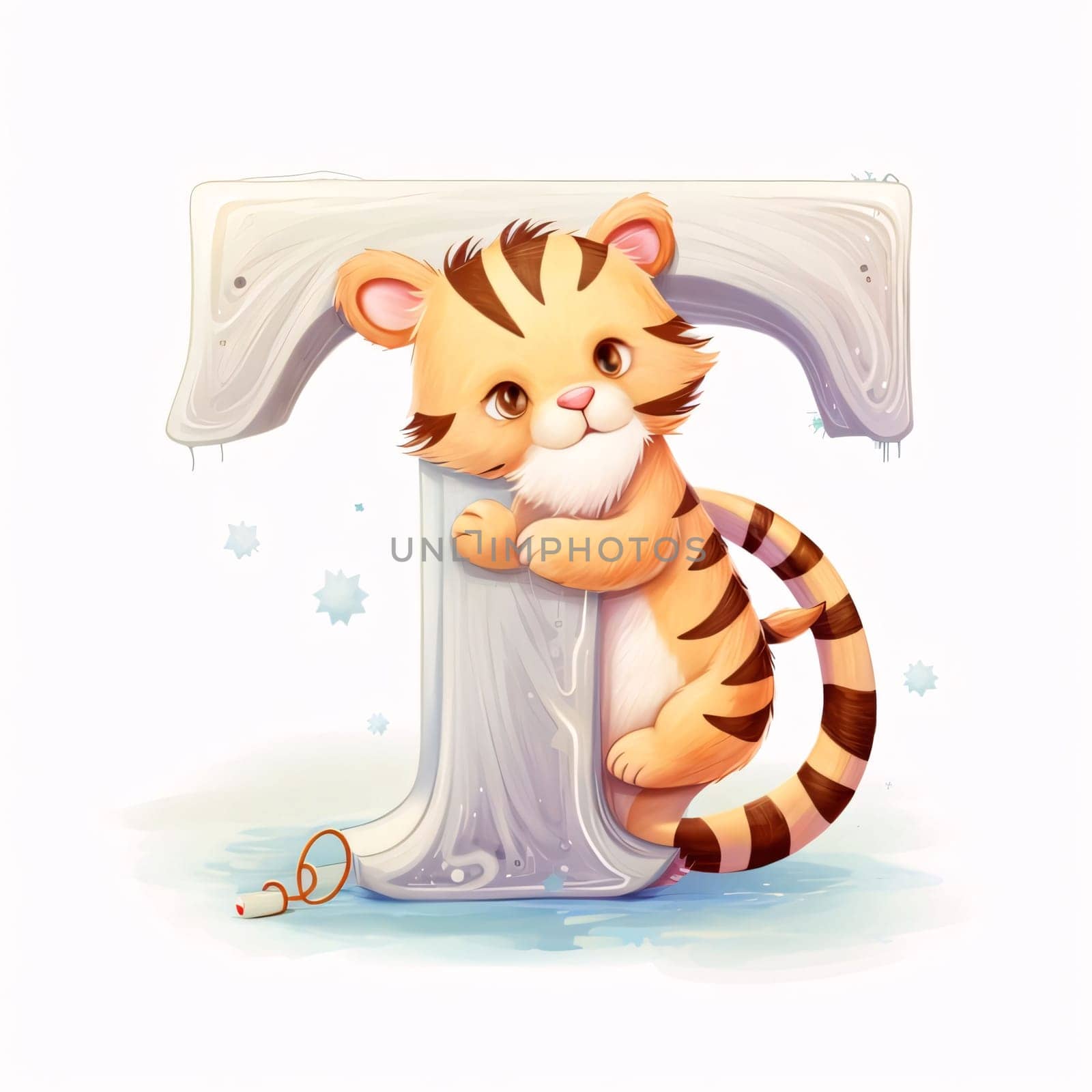 Graphic alphabet letters: cute tiger on the letter T - isolated illustration on white background