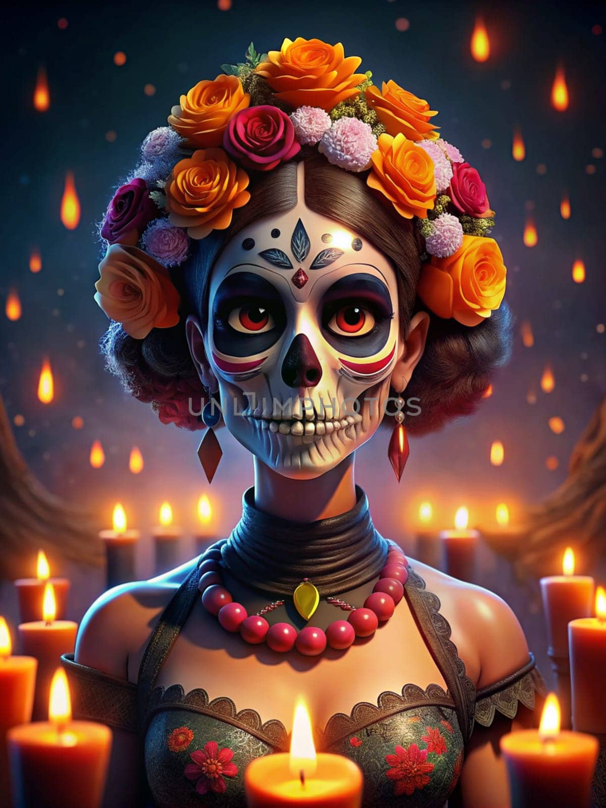 Sugar skull woman on day of the dead among the candlelights. El Dia De Muertas. Ai generated illustration