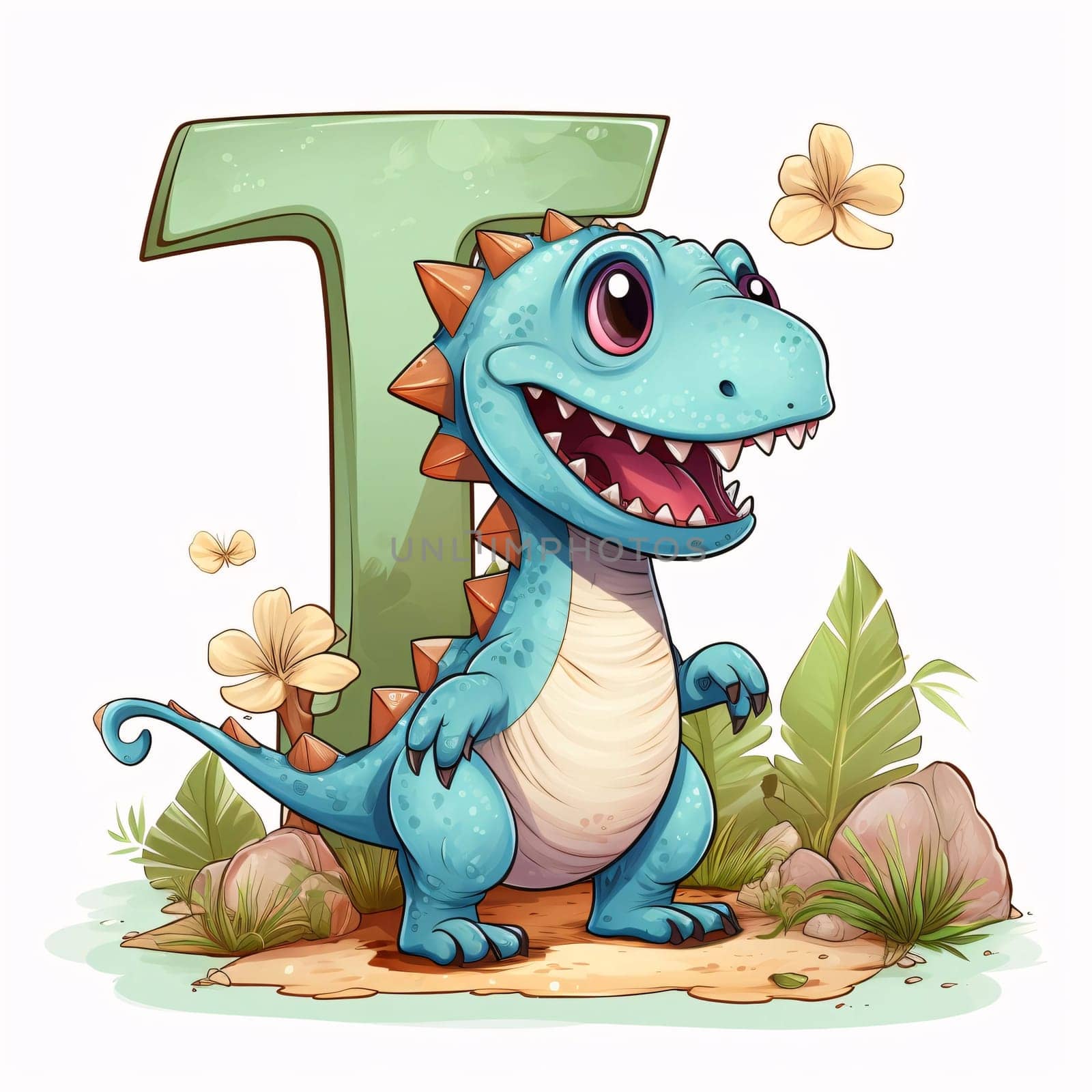 Graphic alphabet letters: Font design for letter T with cute dinosaur on white background illustration.