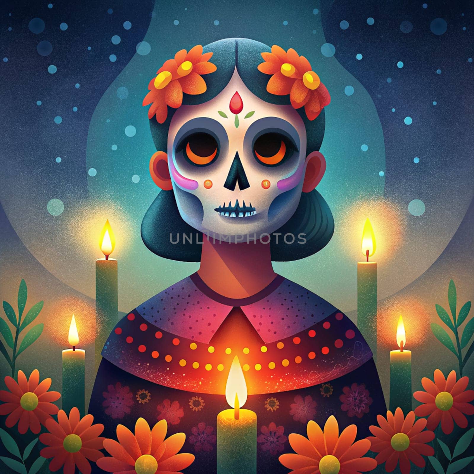 Sugar skull woman on day of the dead among the flowers and candlelights. El Dia De Muertas. Ai generated by alenamoore