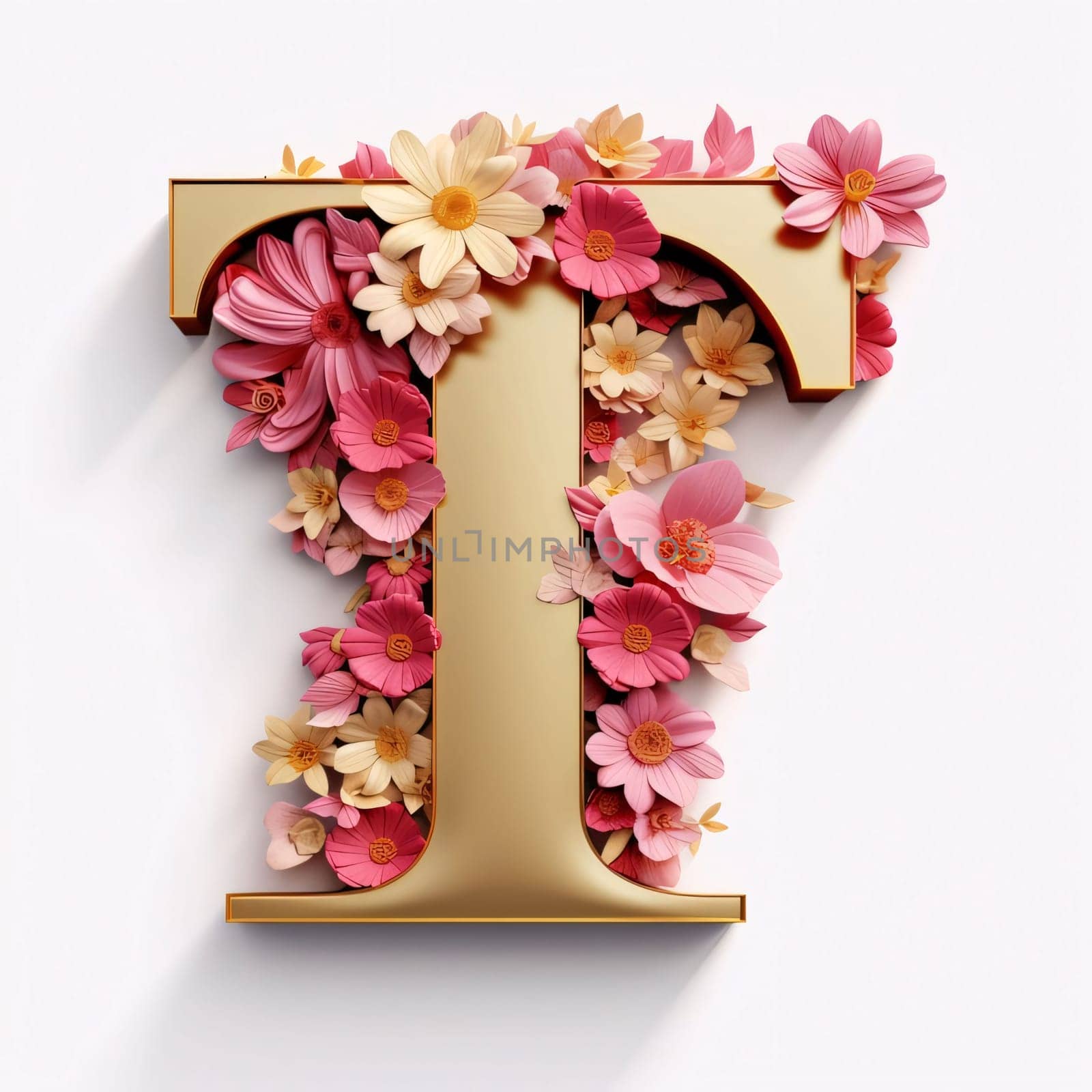 Graphic alphabet letters: Floral font, letter T uppercase. 3D rendering