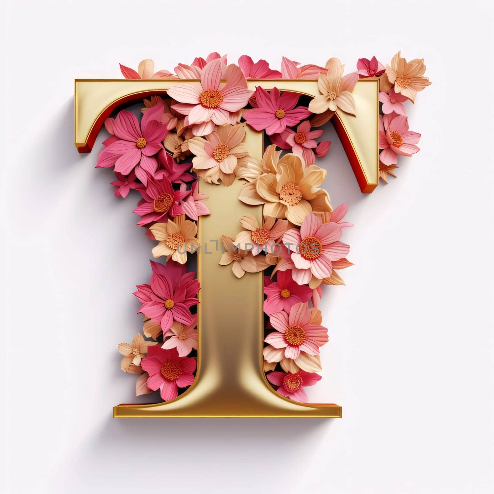 Floral alphabet. Letter T made of flowers. 3d render by ThemesS