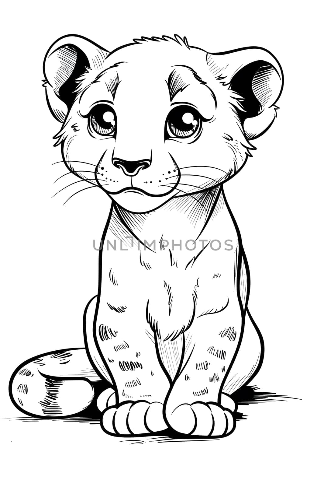 Monochrome illustration of a Felidae cub with hair, eye, paw, and jaw details by Nadtochiy