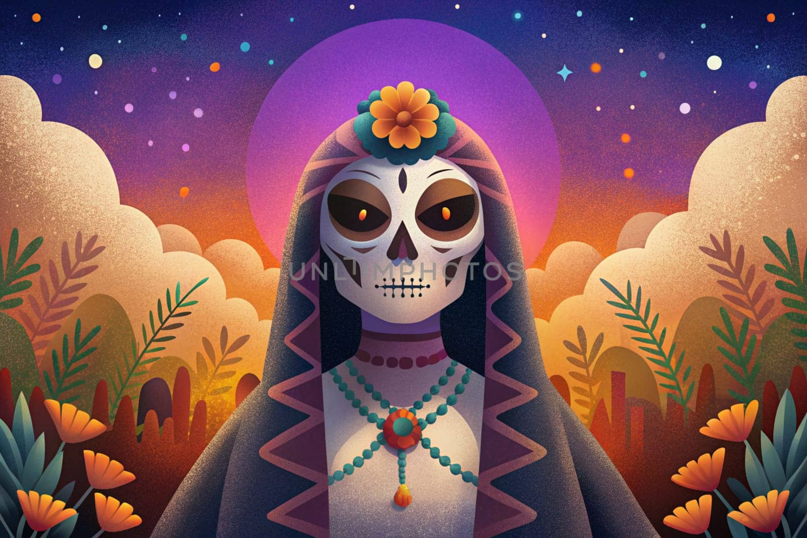 Sugar skull woman on day of the dead. El Dia De Muertas. Ai generated illustration