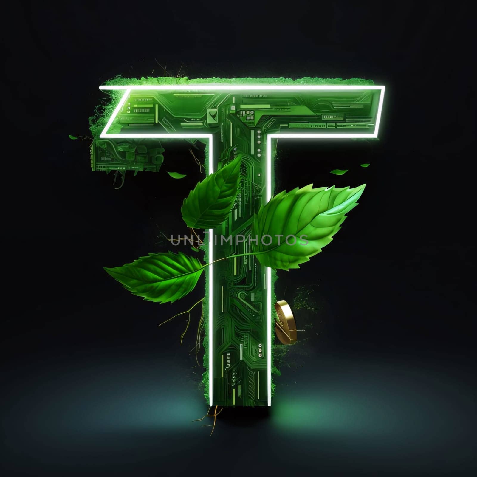 Graphic alphabet letters: Futuristic green eco letter T isolated on black background. 3d rendering