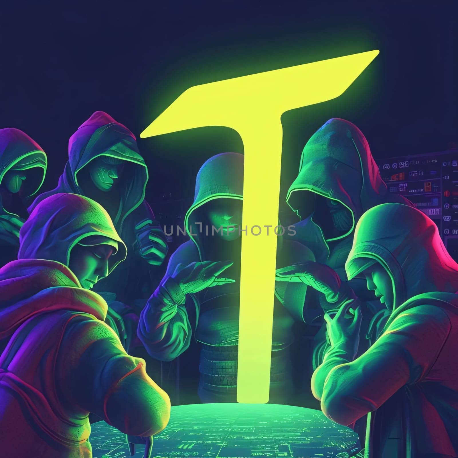 Graphic alphabet letters: Group of unknown people in front of a glowing letter T. 3D rendering