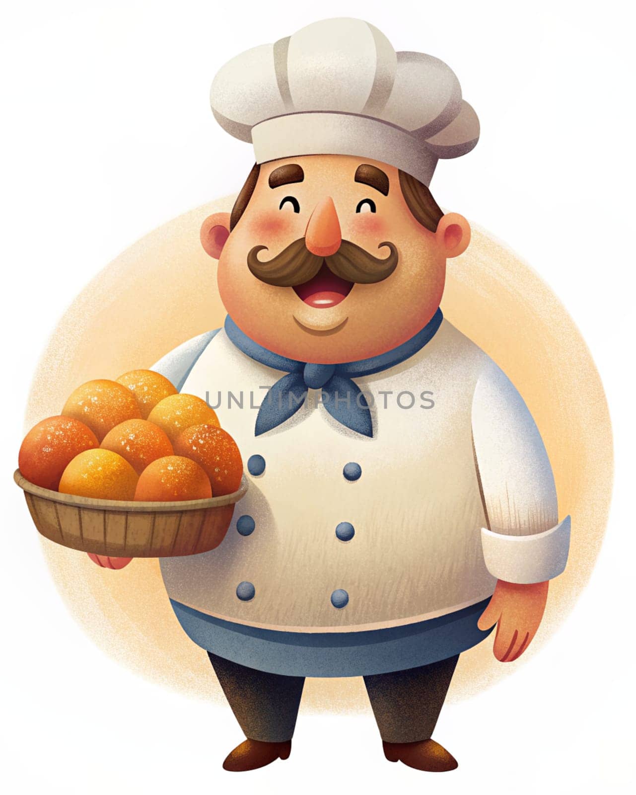 Smiling Chef cartoon character holding basket of buns. Ai generated by alenamoore