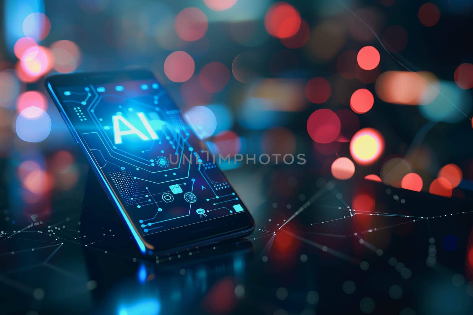 smartphone translucent screen displaying interface Artificial Intelligence abstract, futuristic. by Manastrong
