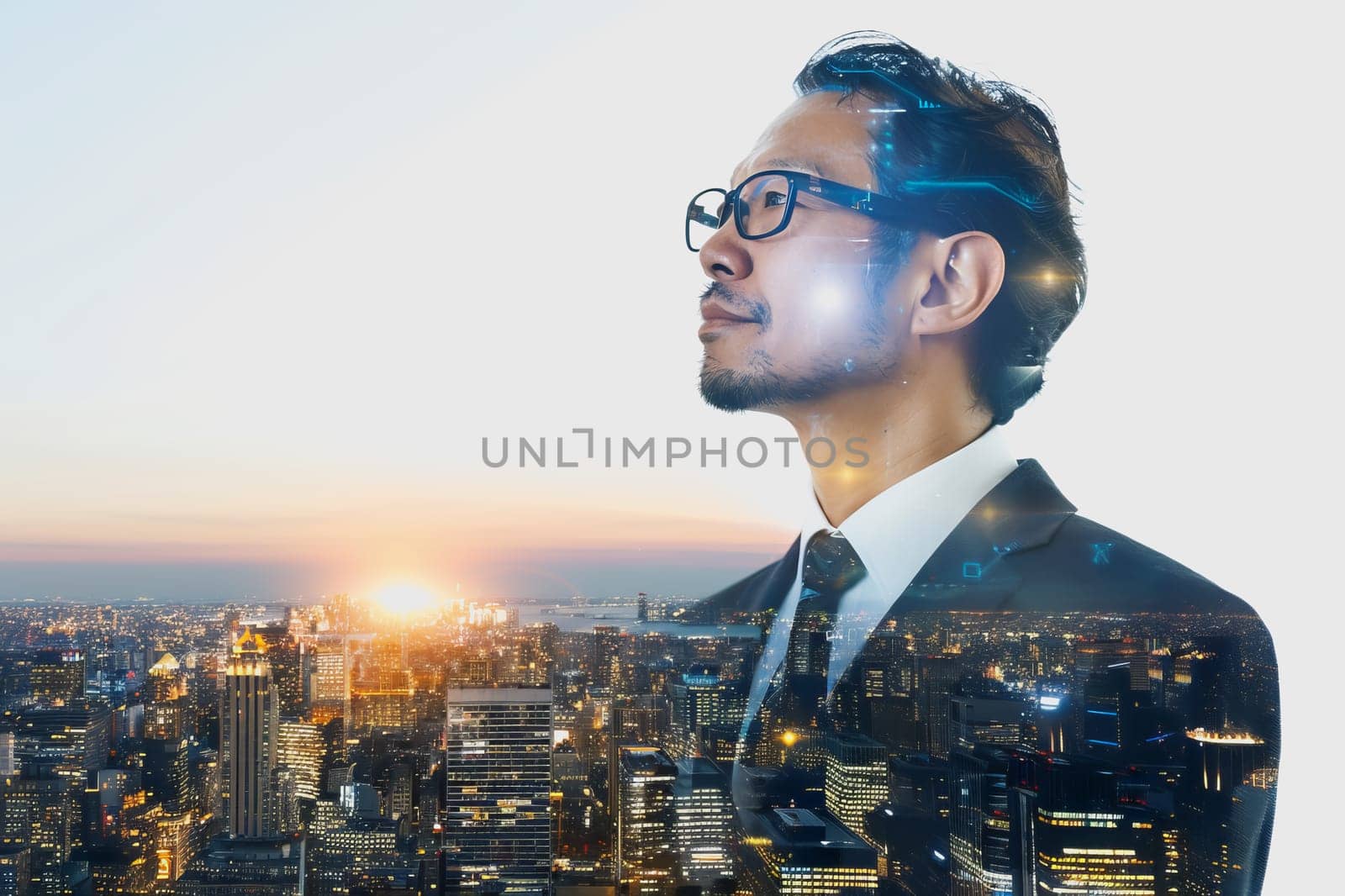 Double exposure businessman and city, Business ideas, and planning goals aim for success. by Manastrong