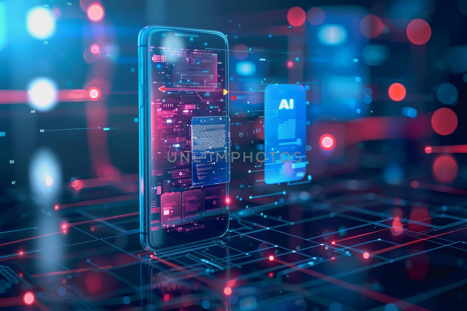 smartphone translucent screen displaying interface Artificial Intelligence abstract, futuristic. by Manastrong