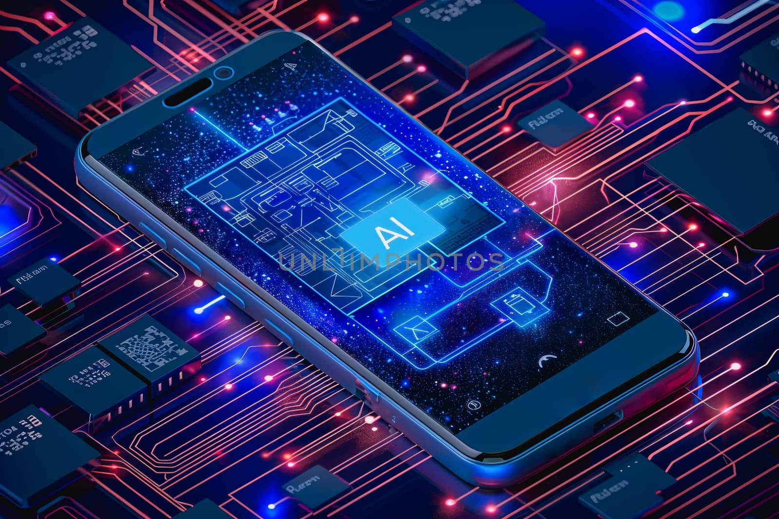 smartphone translucent screen displaying interface Artificial Intelligence abstract, futuristic