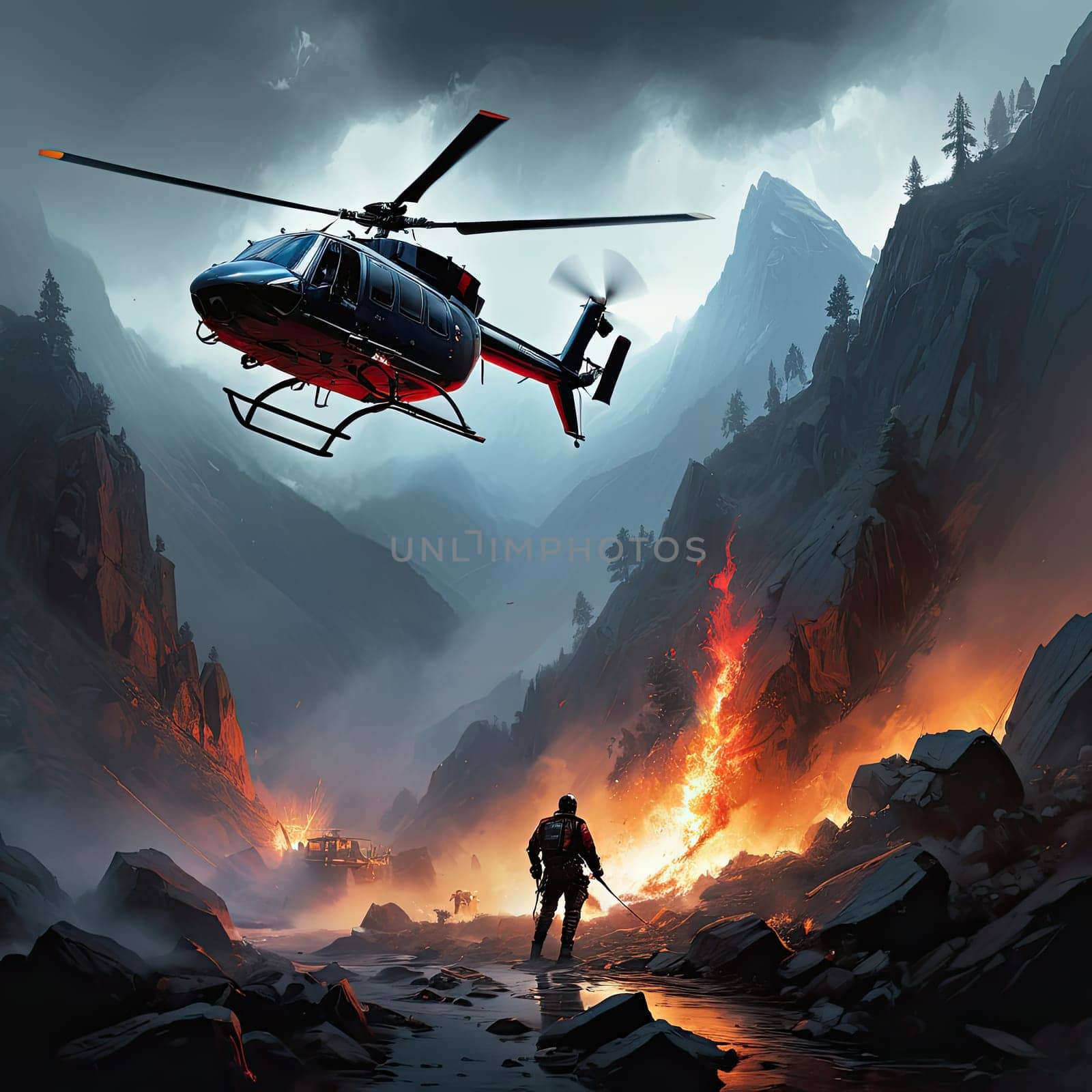 illustration Destroyed city ، Jet and helicopter air warfare. High quality photo