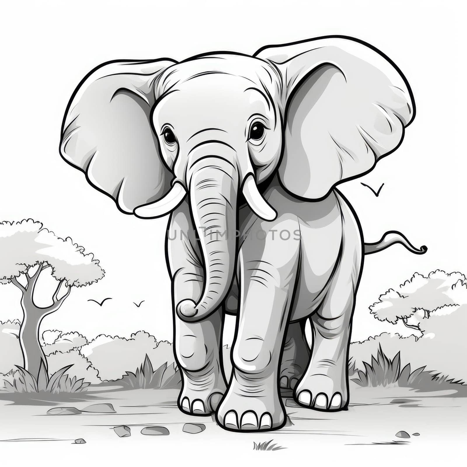 Majestic Elephant Illustration in African Savanna, page coloring book for children