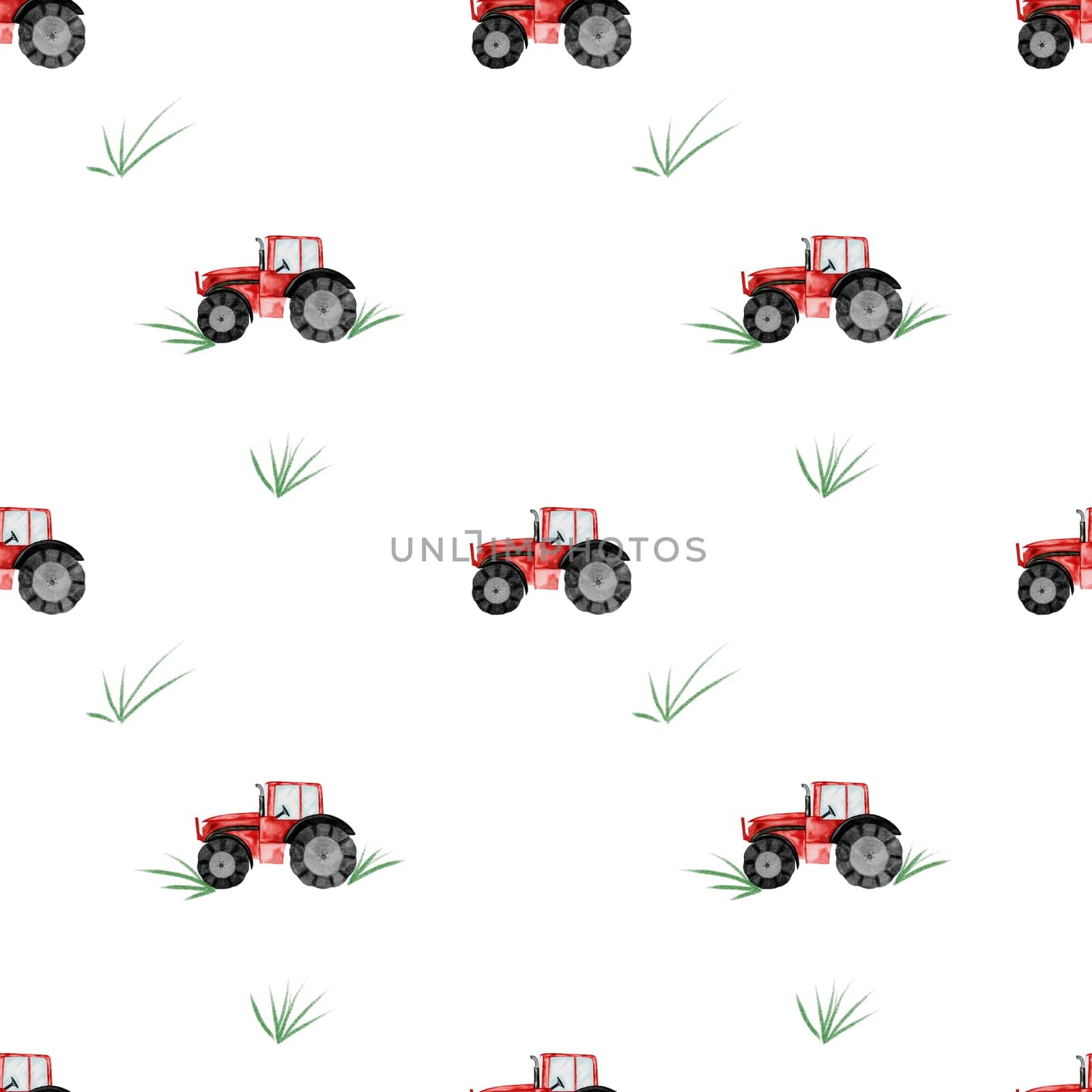 Tractor watercolor seamless pattern. Drawing of a red toy car on a white background. Illustration of an agricultural machine. For children's textiles, bed linen, diapers, diapers for boys