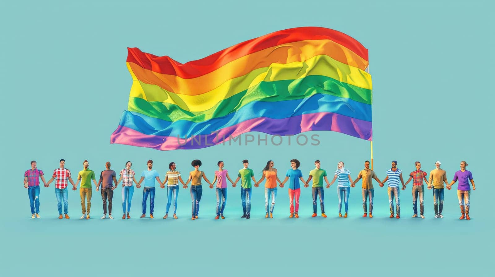 An illustration of a diverse group of people holding hands and forming a circle, with a large rainbow flag waving above them, against a light blue background, representing pride and community.