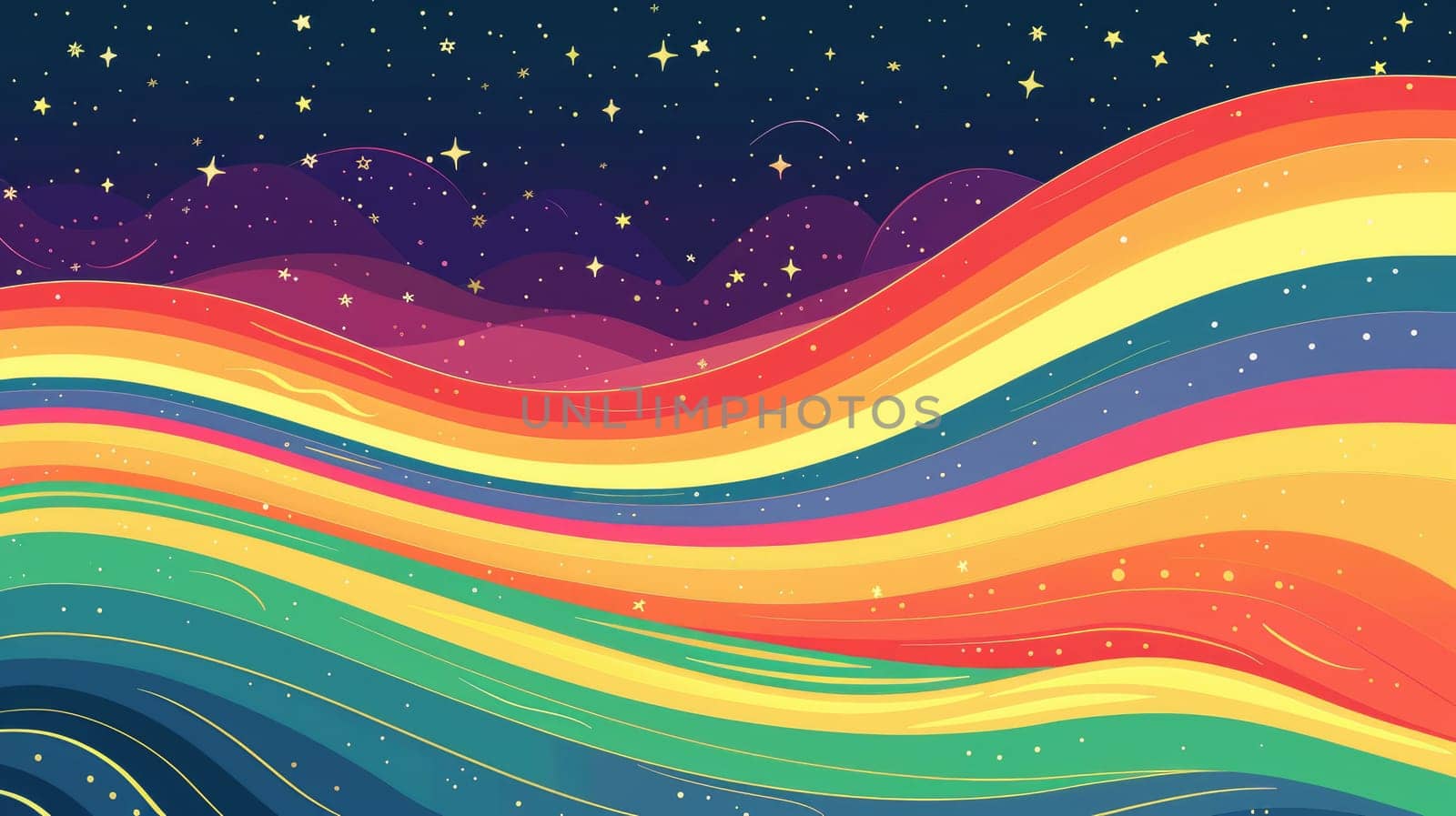 A poster with a bold, illustrated rainbow wave flowing across the bottom half, with the top half featuring a serene sky and subtle stars, creating a peaceful and celebratory pride background.