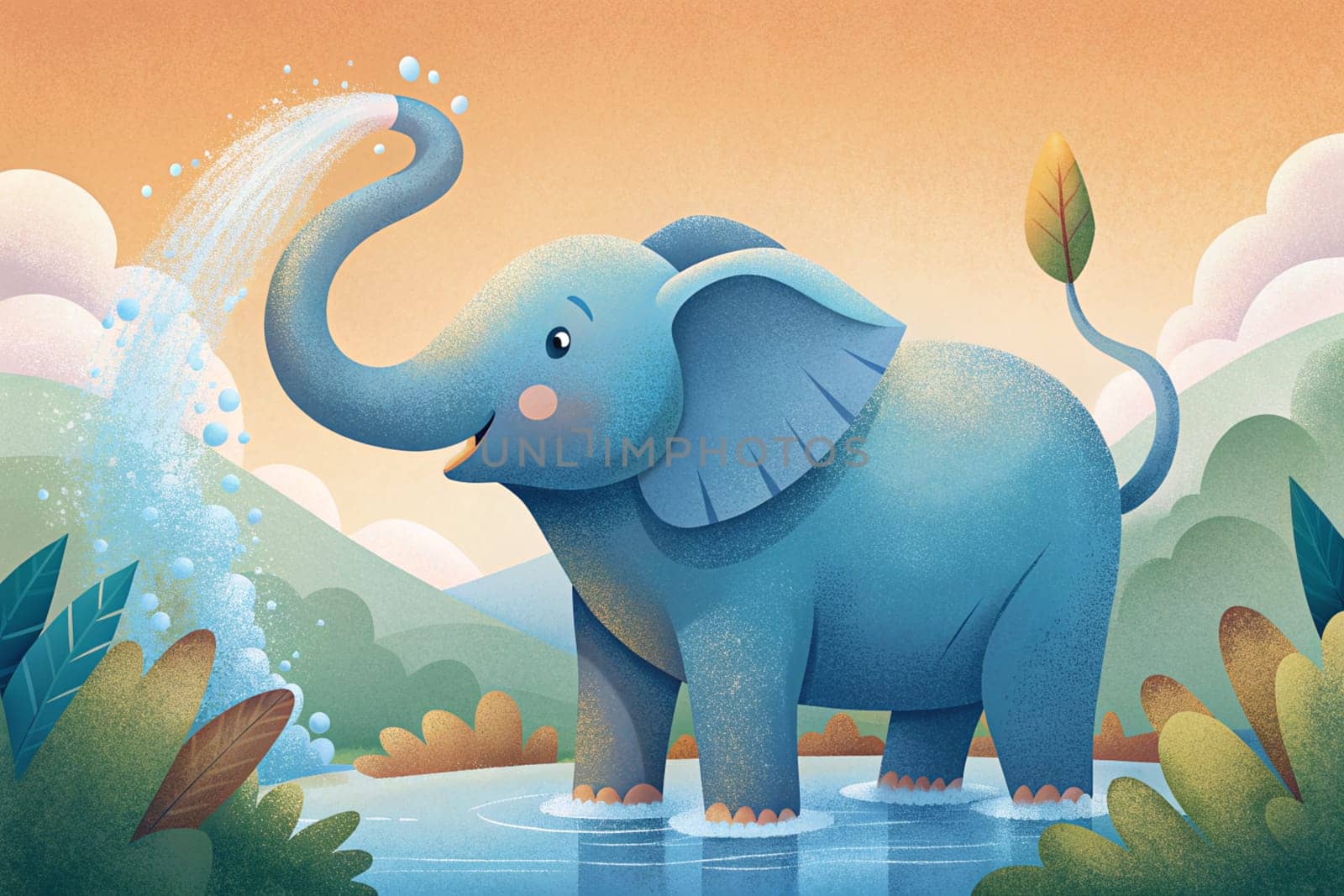 Happy elephant cartoon splashing in the lake. Landscape with cute elephant. Ai generated illustration