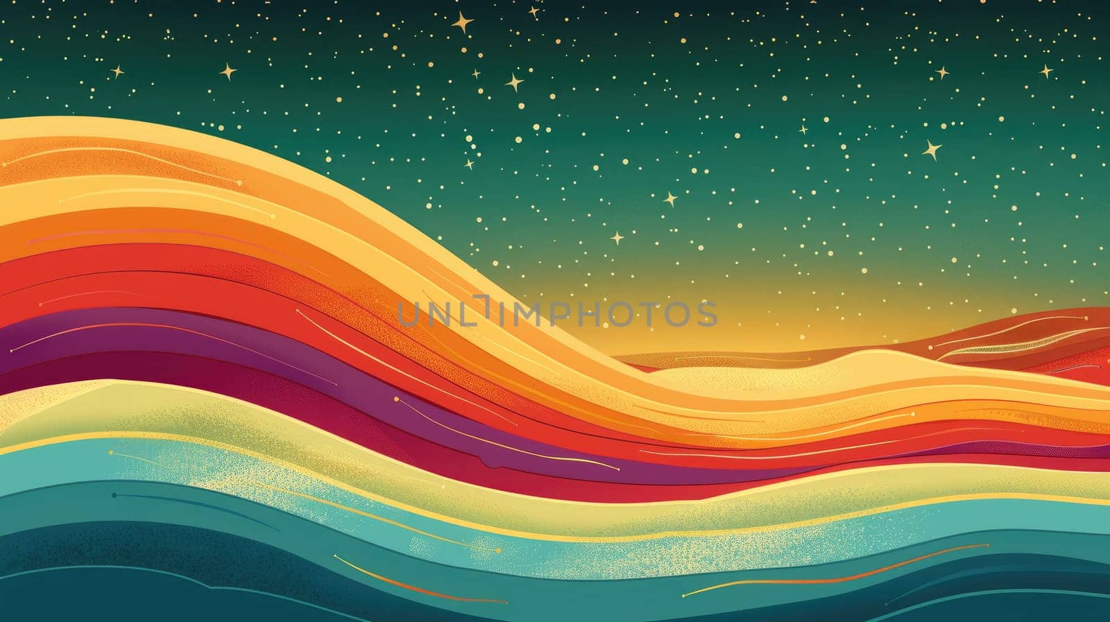 A poster with a bold, illustrated rainbow wave flowing across the bottom half, with the top half featuring a serene sky and subtle stars, creating a peaceful and celebratory pride background.