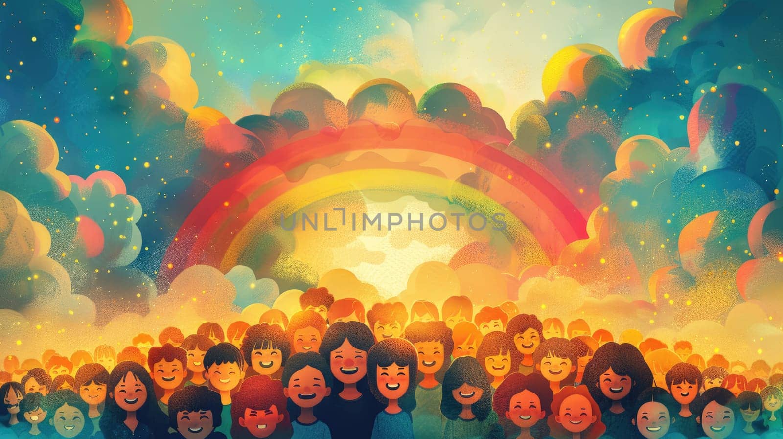 A colorful poster featuring an illustration of a rainbow arching across a sky filled with diverse, smiling faces, set against a pastel background, symbolizing pride and unity.
