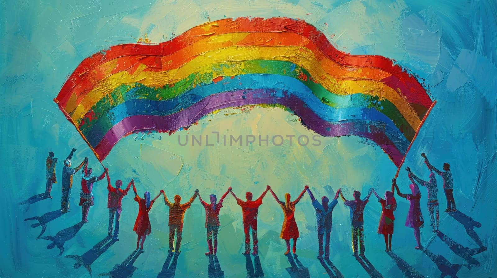 An illustration of a diverse group of people holding hands and forming a circle, with a large rainbow flag waving above them, against a light blue background, representing pride and community.