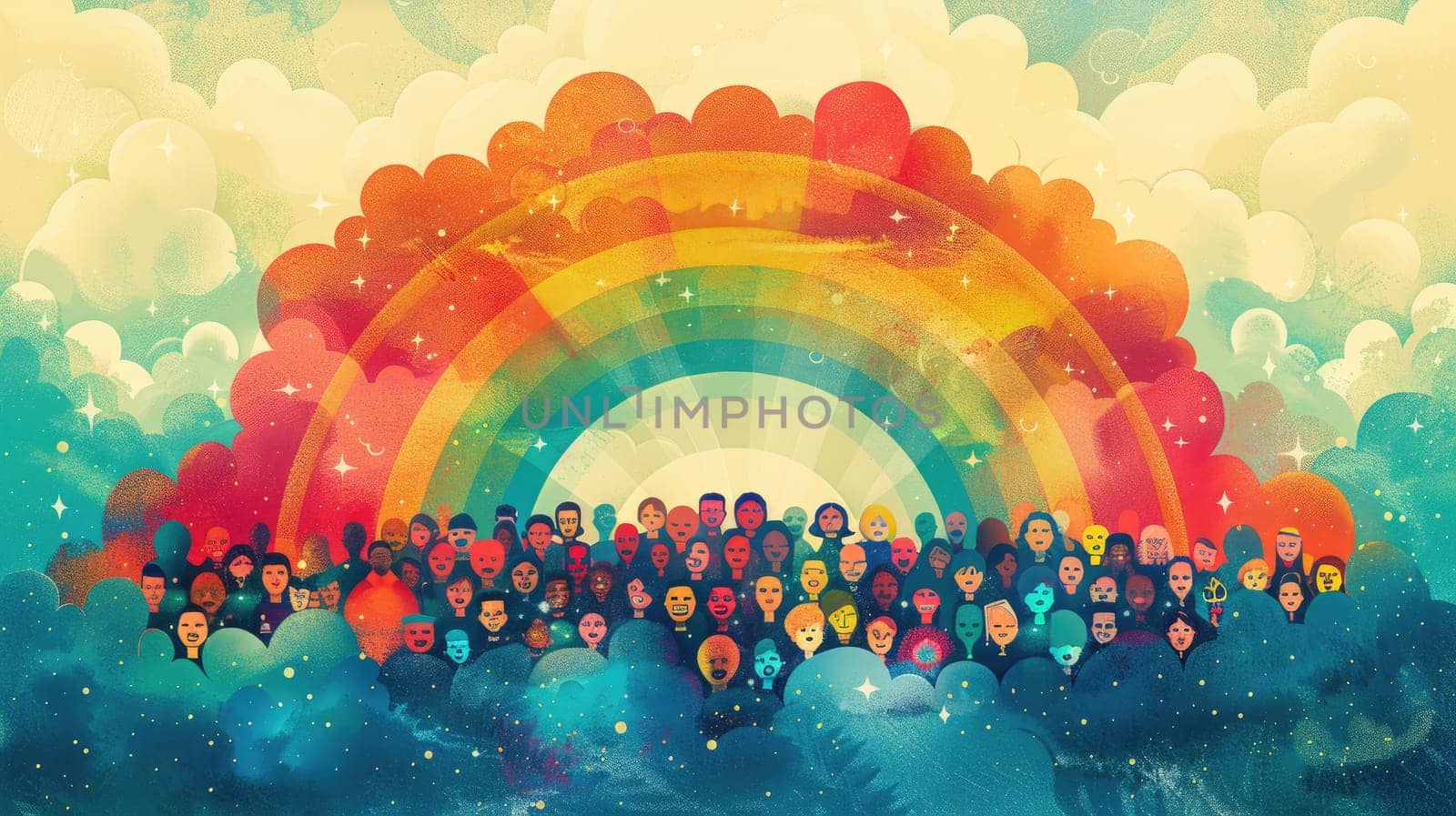 A colorful poster featuring an illustration of a rainbow arching across a sky filled with diverse, smiling faces, set against a pastel background, symbolizing pride and unity.