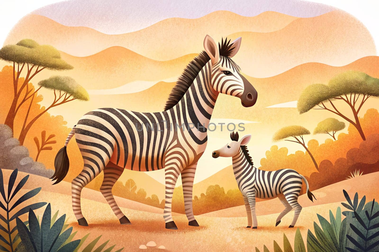 Cartoon African zebra with her cub in Savannah. Ai generated illustration