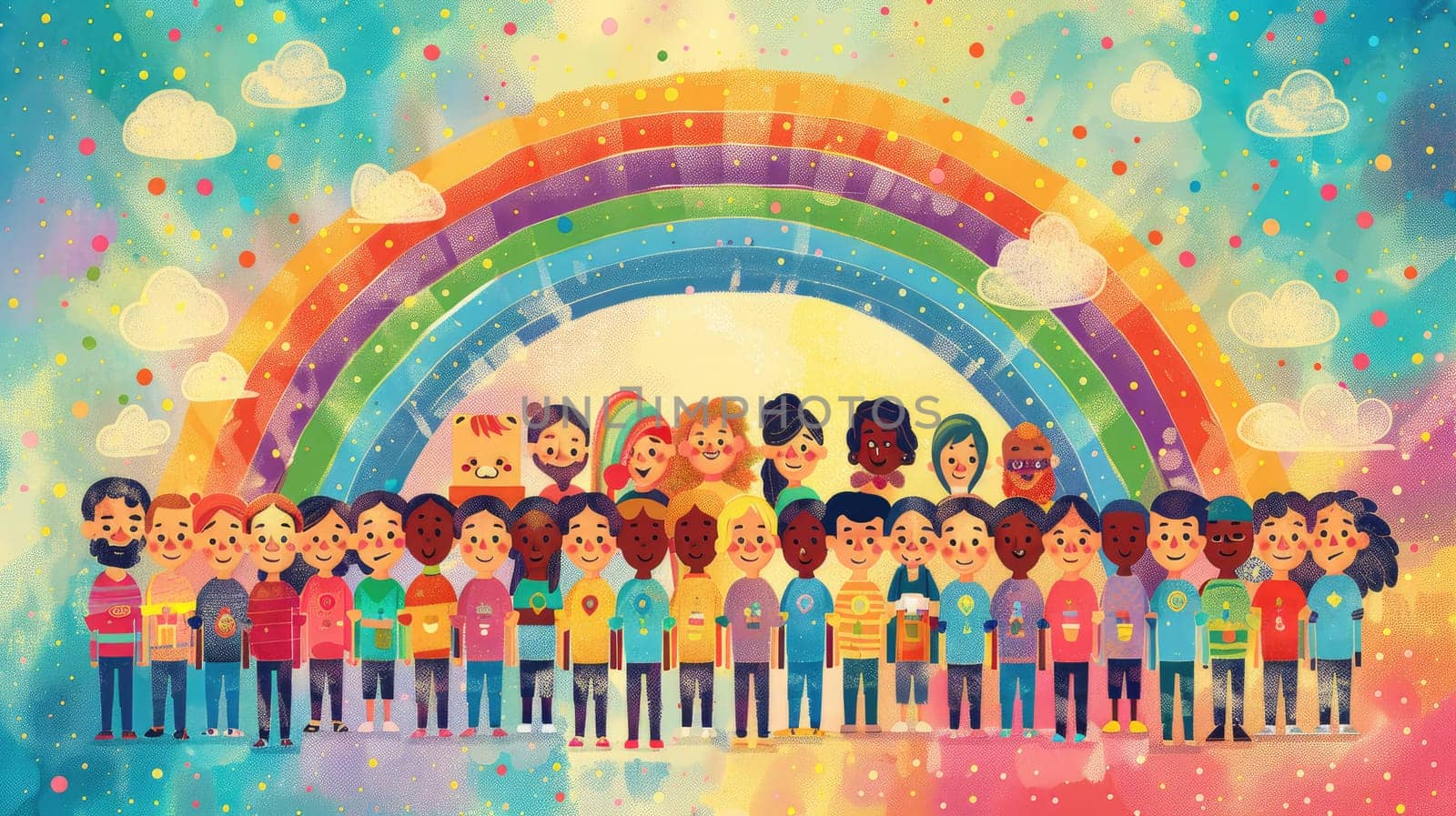 A colorful poster featuring an illustration of a rainbow arching across a sky filled with diverse, smiling faces, set against a pastel background, symbolizing pride and unity.