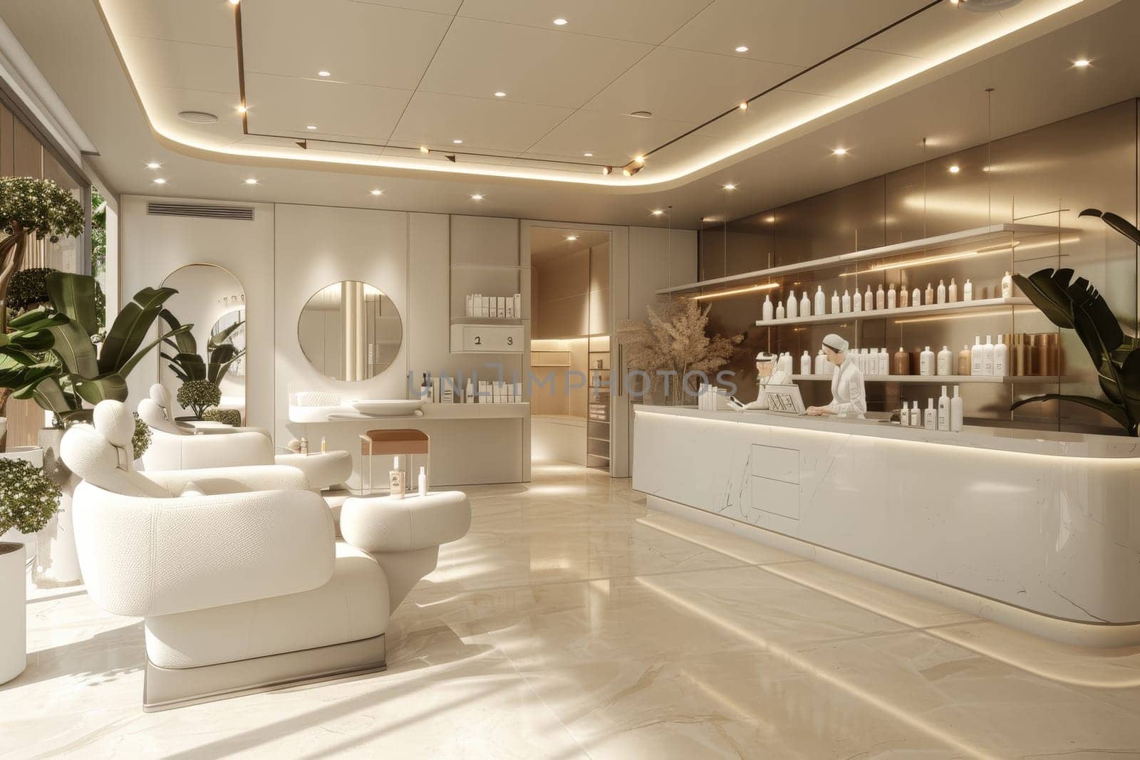 A spa with a white theme and a lot of white furniture. The room is very clean and bright