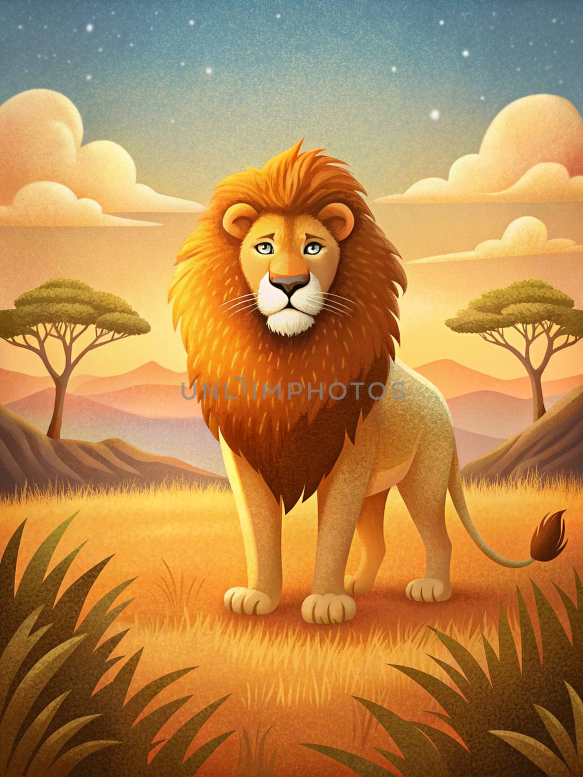 Cute Lion in savanna Animals wildlife illustration. Ai generated by alenamoore
