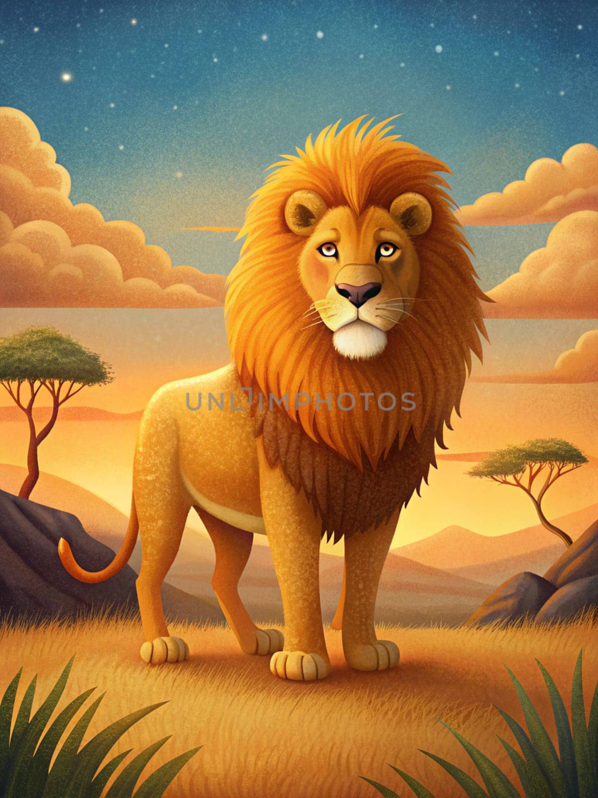 Cute African Lion in Savanna Animals wildlife illustration. Ai generated illustration