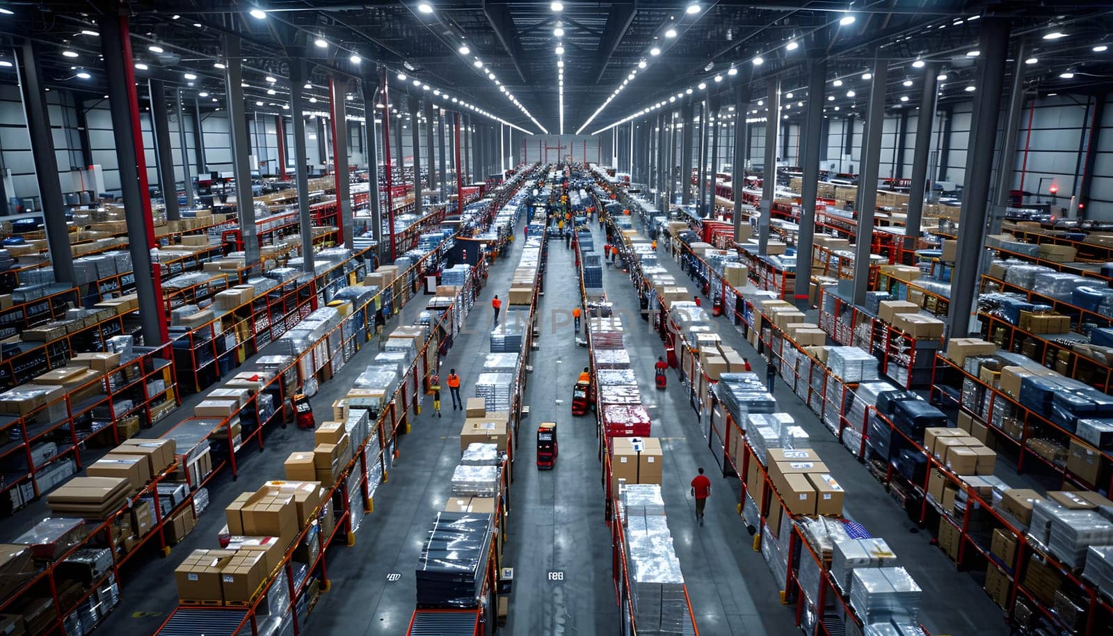 An aerial view of a massive warehouse housing countless boxes, showcasing the citys industrial prowess in mass production and engineering advancement