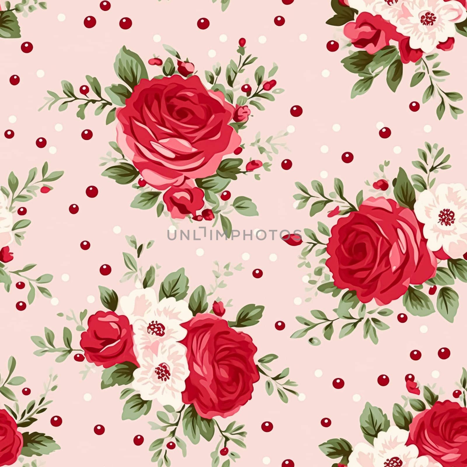 Seamless pattern, tileable floral country holiday print with roses, dots and flowers for wallpaper, wrapping paper, scrapbook, fabric and polka dot roses product design by Anneleven